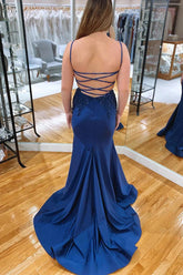 Satin Mermaid V Neck Rhinestone Prom Dresses, Evening Dress